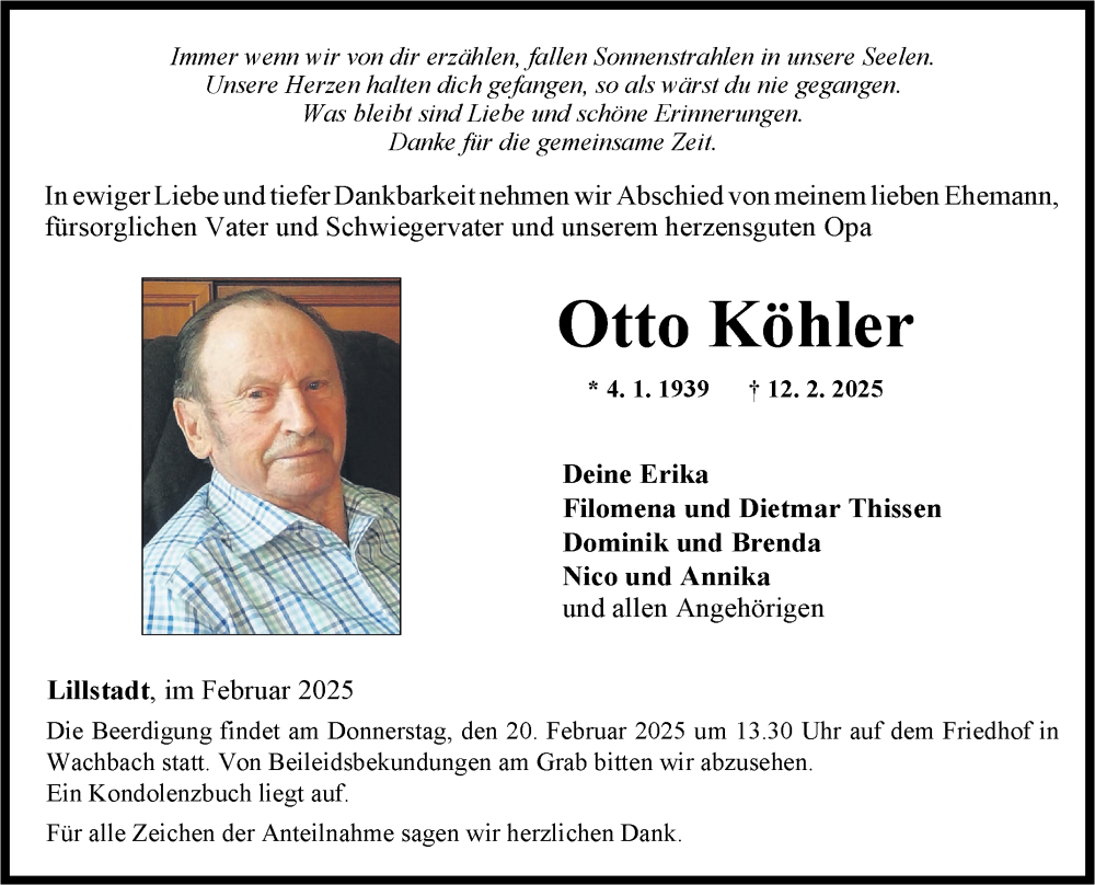  Traueranzeige für Otto Köhler vom 18.02.2025 aus Fränkische Nachrichten