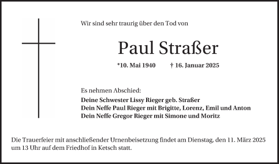Traueranzeige von Paul Straßer von Schwetzinger Zeitung