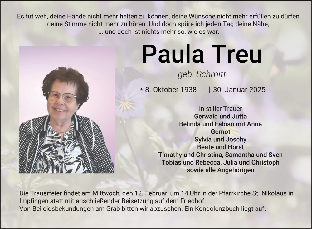  Traueranzeige für Paula Treu vom 08.02.2025 aus Fränkische Nachrichten