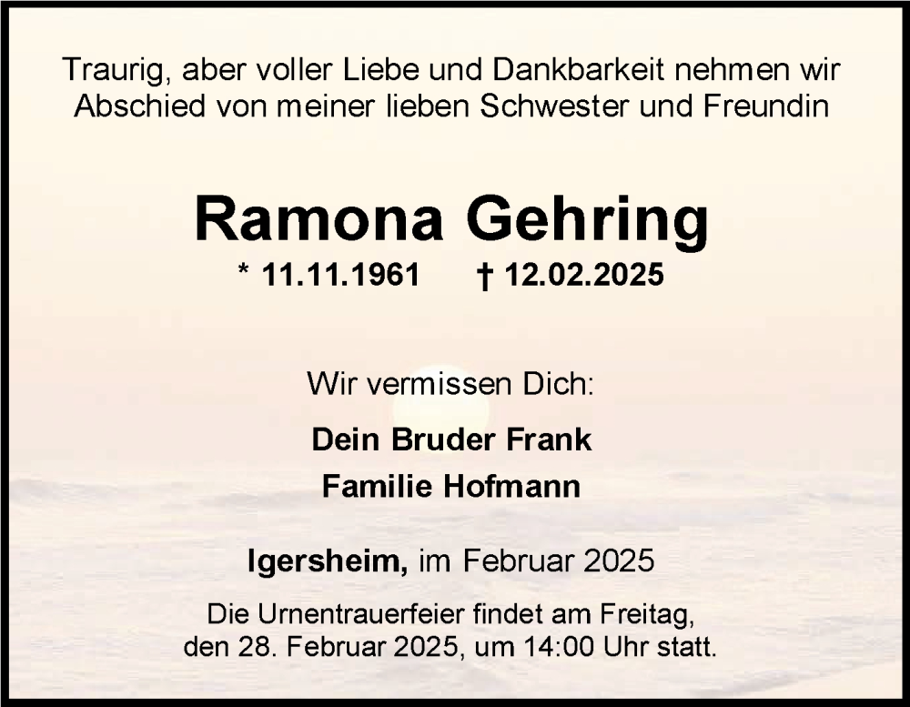  Traueranzeige für Ramona Gehring vom 25.02.2025 aus Fränkische Nachrichten