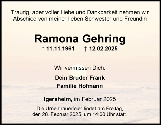 Traueranzeige von Ramona Gehring von Fränkische Nachrichten