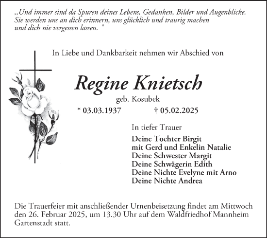Traueranzeige von Regine Knietsch von Mannheimer Morgen