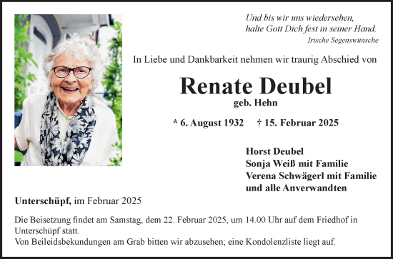 Traueranzeige von Renate Deubel von Fränkische Nachrichten