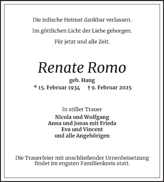 Traueranzeige von Renate Romo von Schwetzinger Zeitung