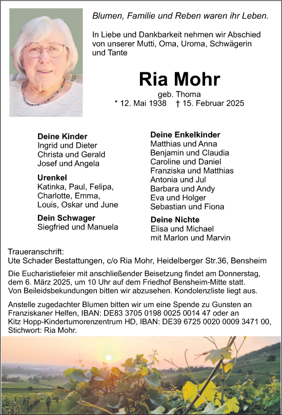 Traueranzeige von Ria Mohr von Bergsträßer Anzeiger