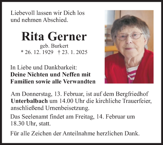 Traueranzeige von Rita Gerner von Fränkische Nachrichten