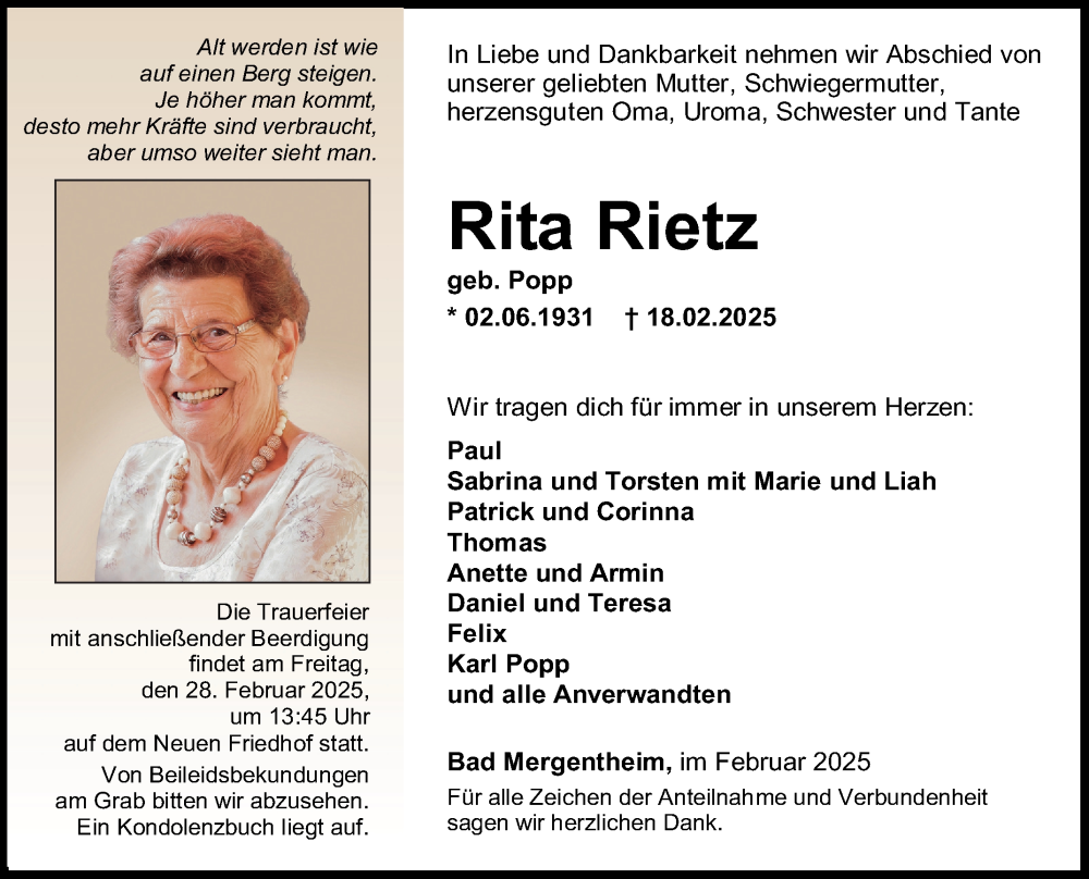  Traueranzeige für Rita Rietz vom 25.02.2025 aus Fränkische Nachrichten