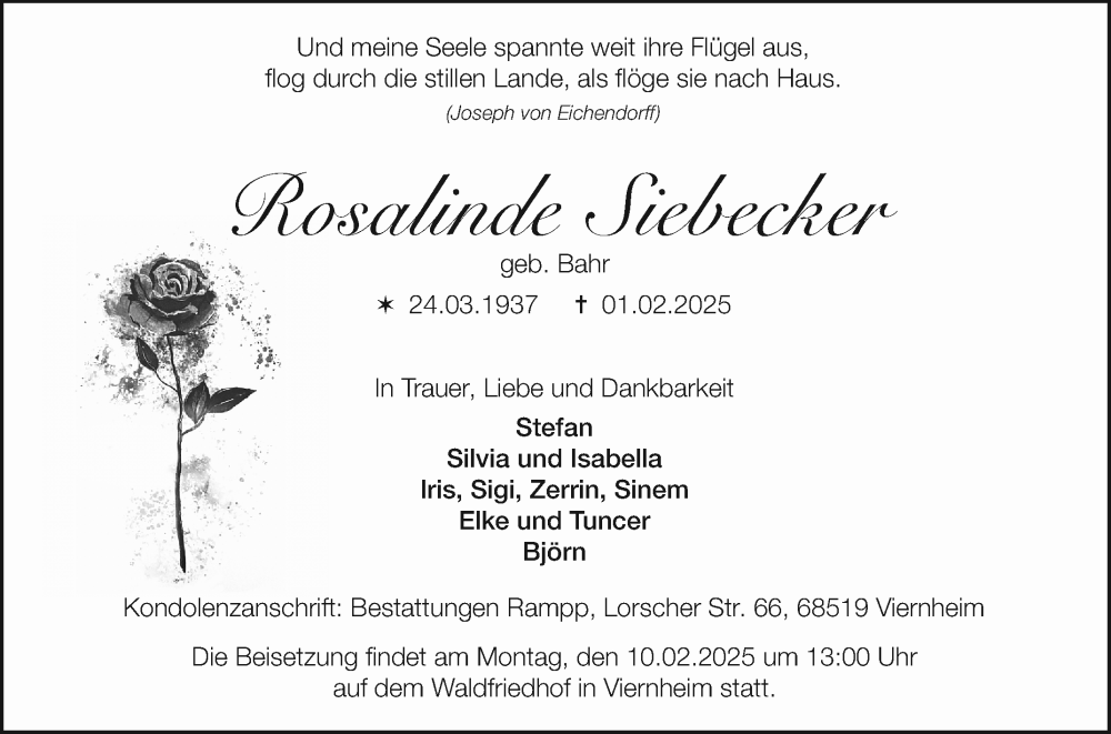 Traueranzeige für Rosalinde Siebecker vom 06.02.2025 aus Mannheimer Morgen