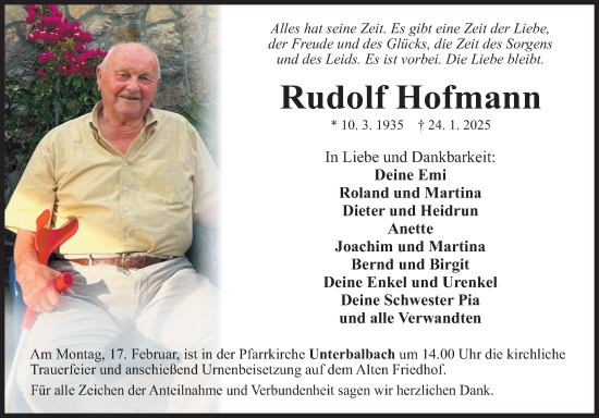 Traueranzeige von Rudolf Hofmann von Fränkische Nachrichten