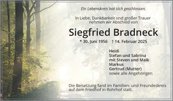 Traueranzeige von Siegfried Bradneck von Schwetzinger Zeitung
