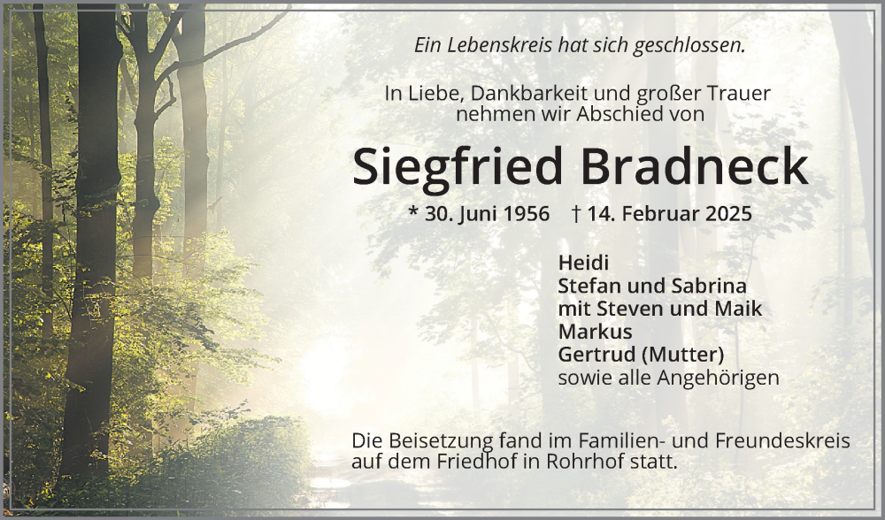  Traueranzeige für Siegfried Bradneck vom 01.03.2025 aus Schwetzinger Zeitung