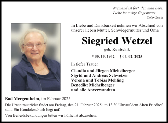 Traueranzeige von Siegried Wetzel von Fränkische Nachrichten