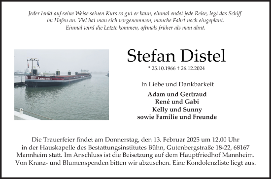Traueranzeige von Stefan Distel von Mannheimer Morgen