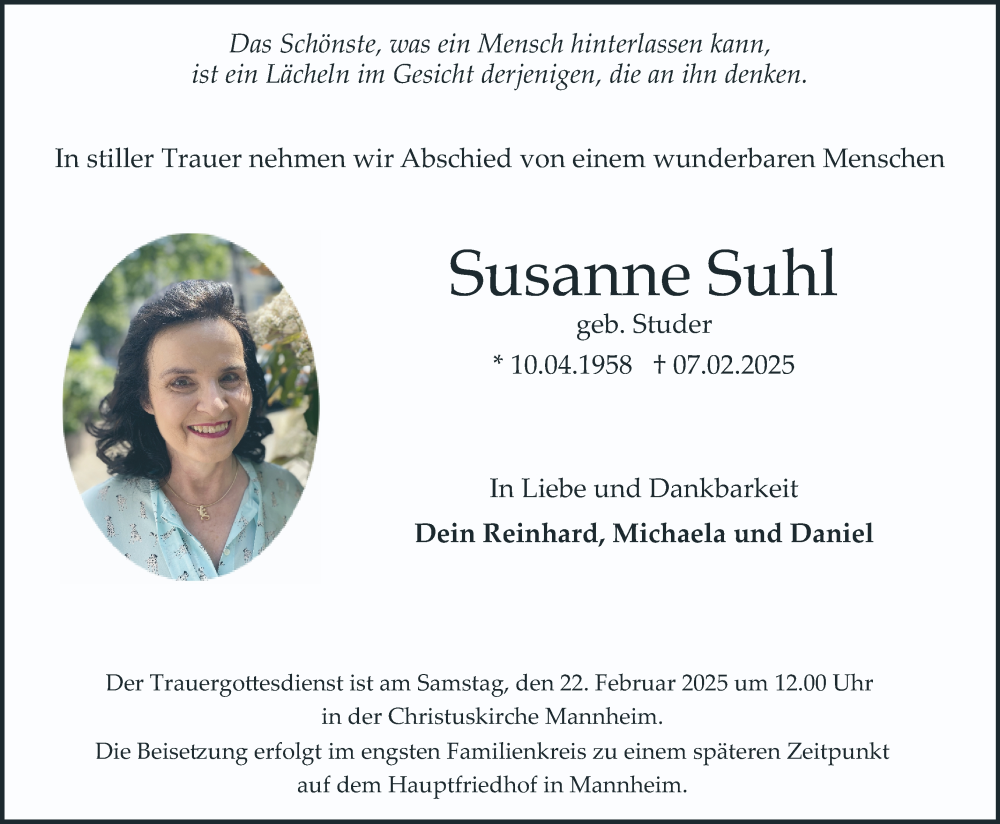  Traueranzeige für Susanne Suhl vom 15.02.2025 aus Mannheimer Morgen