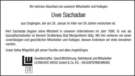 Traueranzeige von Uwe Sachadae von Fränkische Nachrichten