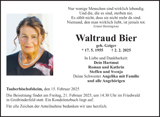 Traueranzeige von Waltraud Bier von Fränkische Nachrichten