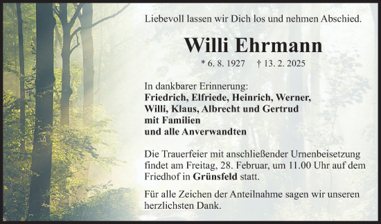 Traueranzeige von Willi Ehrmann von Fränkische Nachrichten