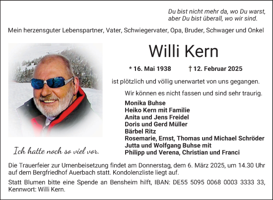 Traueranzeige von Willi Kern von Bergsträßer Anzeiger