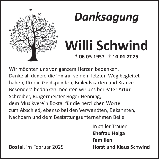 Traueranzeige von Willi Schwind von Fränkische Nachrichten