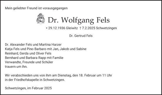 Traueranzeige von Wolfgang Fels von Schwetzinger Zeitung