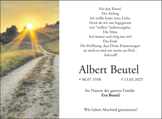 Traueranzeige von Albert Beutel von Bergsträßer Anzeiger