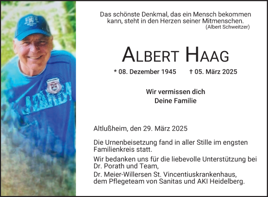 Traueranzeige von Albert Haag von Schwetzinger Zeitung