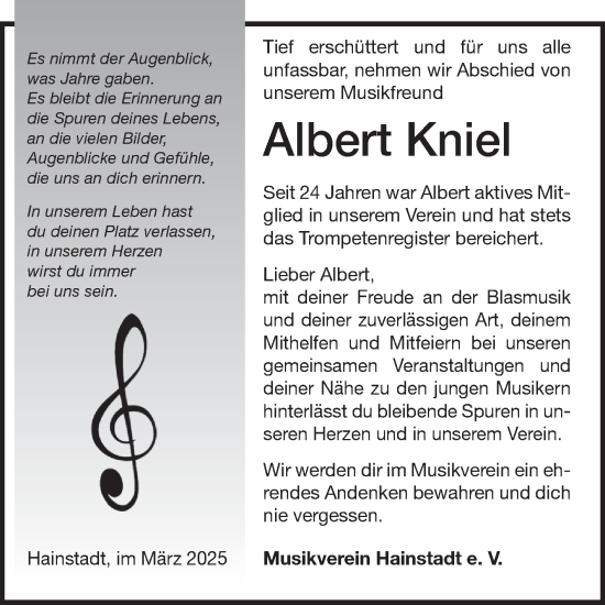 Traueranzeige von Albert Kniel von Fränkische Nachrichten