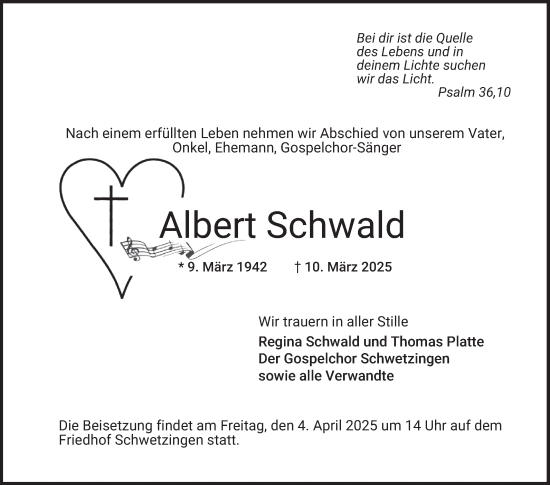 Traueranzeige von Albert Schwald von Schwetzinger Zeitung