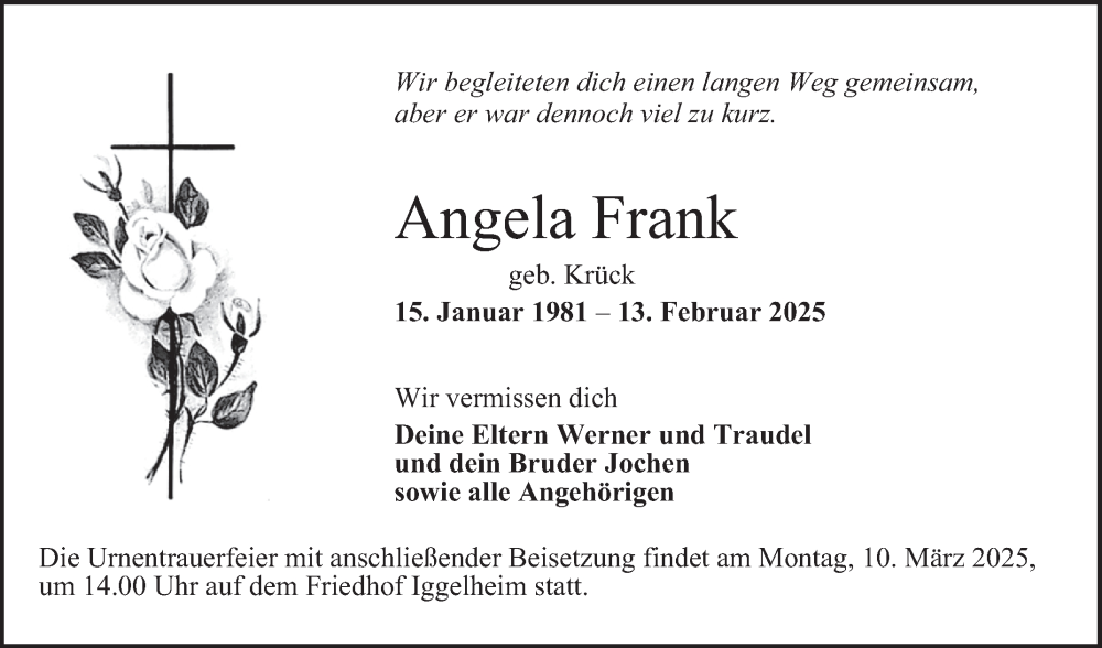  Traueranzeige für Angela Frank vom 08.03.2025 aus Mannheimer Morgen