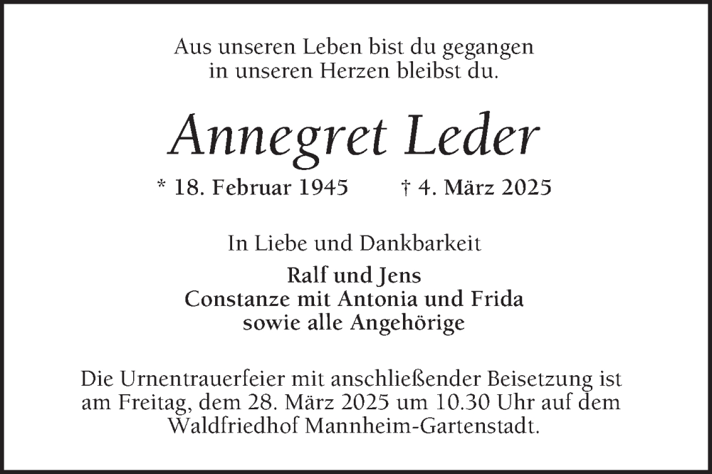  Traueranzeige für Annegret Leder vom 15.03.2025 aus Mannheimer Morgen