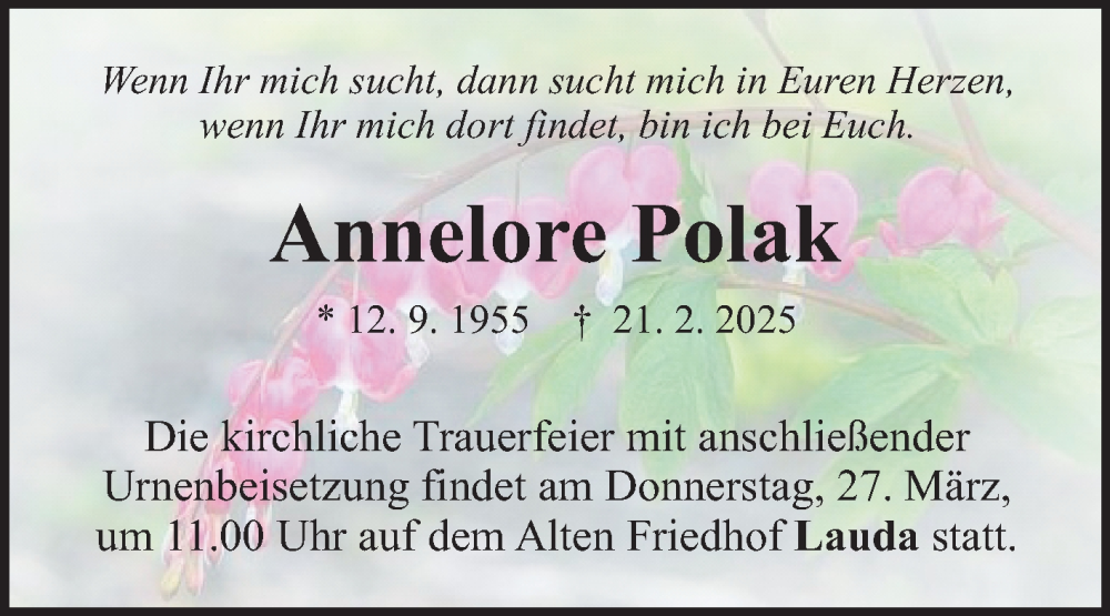  Traueranzeige für Annelore Polak vom 22.03.2025 aus Fränkische Nachrichten