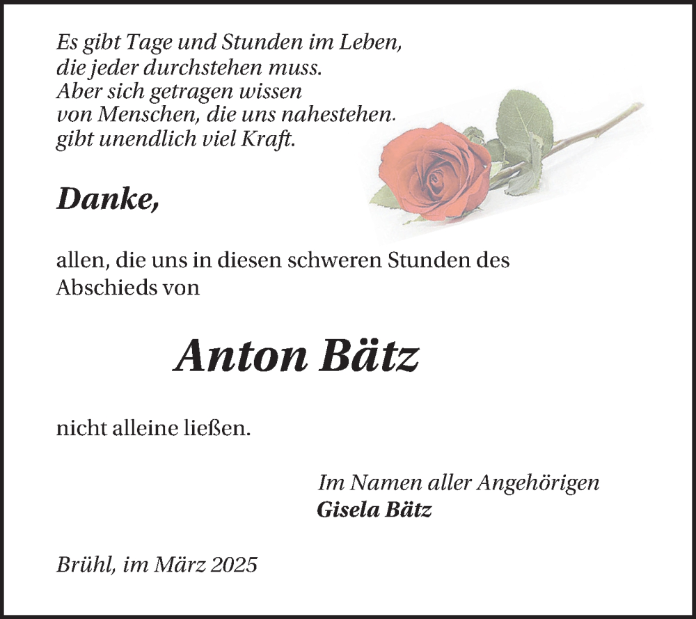  Traueranzeige für Anton Bätz vom 29.03.2025 aus Schwetzinger Zeitung