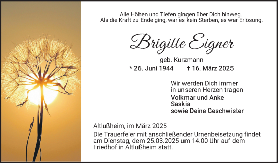 Traueranzeige von Brigitte Eigner von Schwetzinger Zeitung