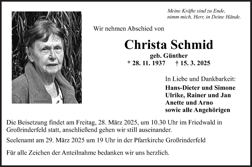  Traueranzeige für Christa Schmid vom 22.03.2025 aus Fränkische Nachrichten