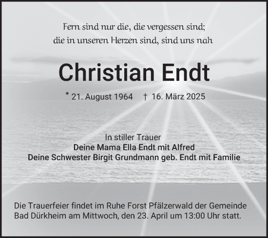 Traueranzeige von Christian Endt von Schwetzinger Zeitung