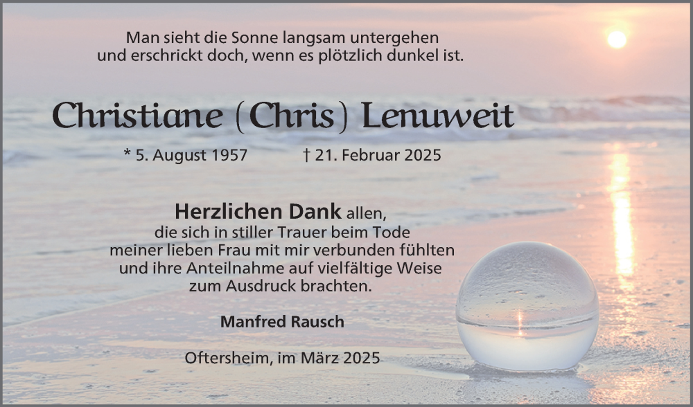  Traueranzeige für Christiane Lenuweit vom 22.03.2025 aus Mannheimer Morgen