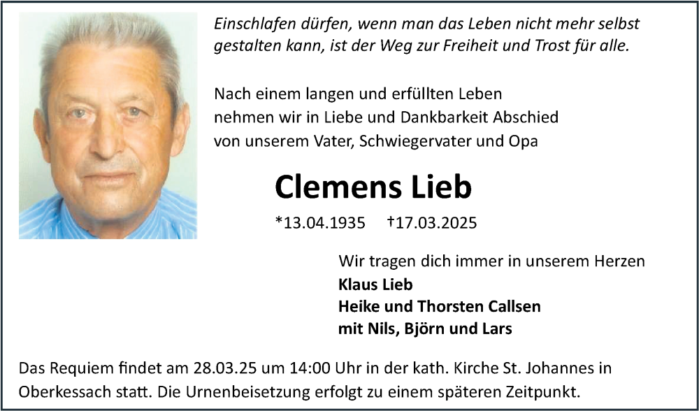  Traueranzeige für Clemens Lieb vom 22.03.2025 aus Fränkische Nachrichten