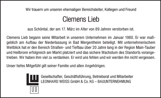 Traueranzeige von Clemens Lieb von Fränkische Nachrichten