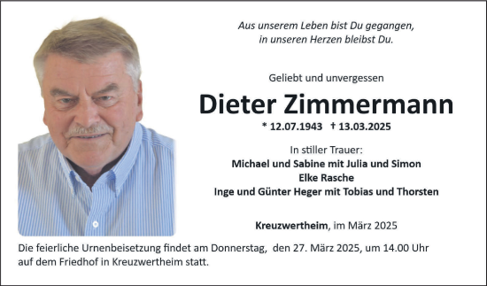 Traueranzeige von Dieter Zimmermann von Fränkische Nachrichten