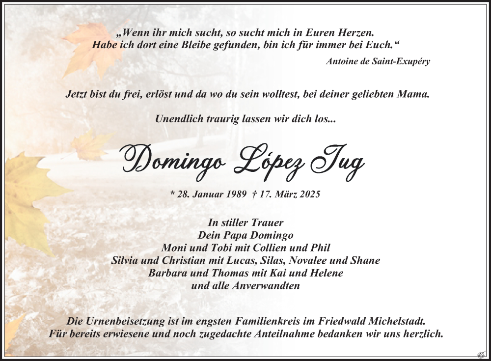  Traueranzeige für Domingo Lopez Jug vom 22.03.2025 aus Fränkische Nachrichten