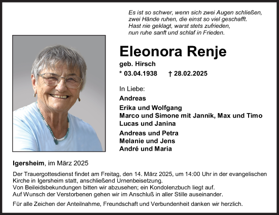 Traueranzeige von Eleonora Renje von Fränkische Nachrichten