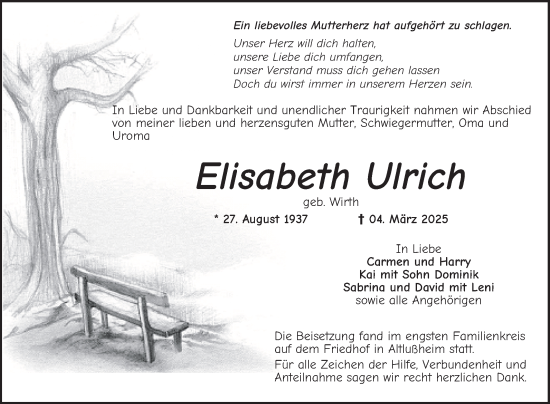 Traueranzeige von Elisabeth Ulrich von Schwetzinger Zeitung