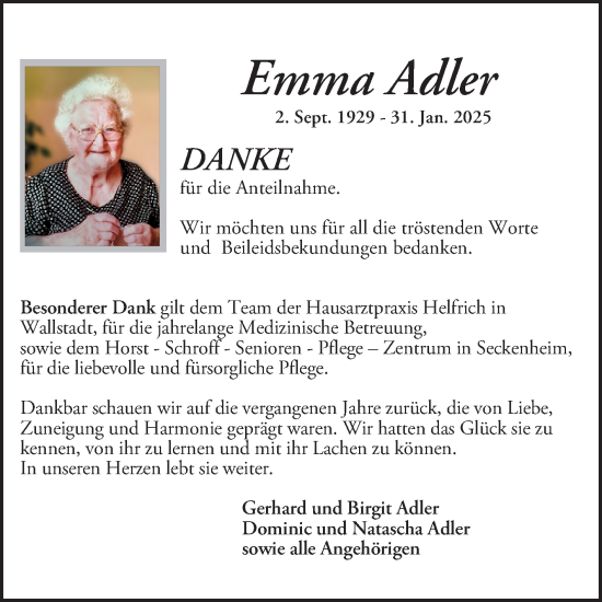 Traueranzeige von Emma Adler von Mannheimer Morgen