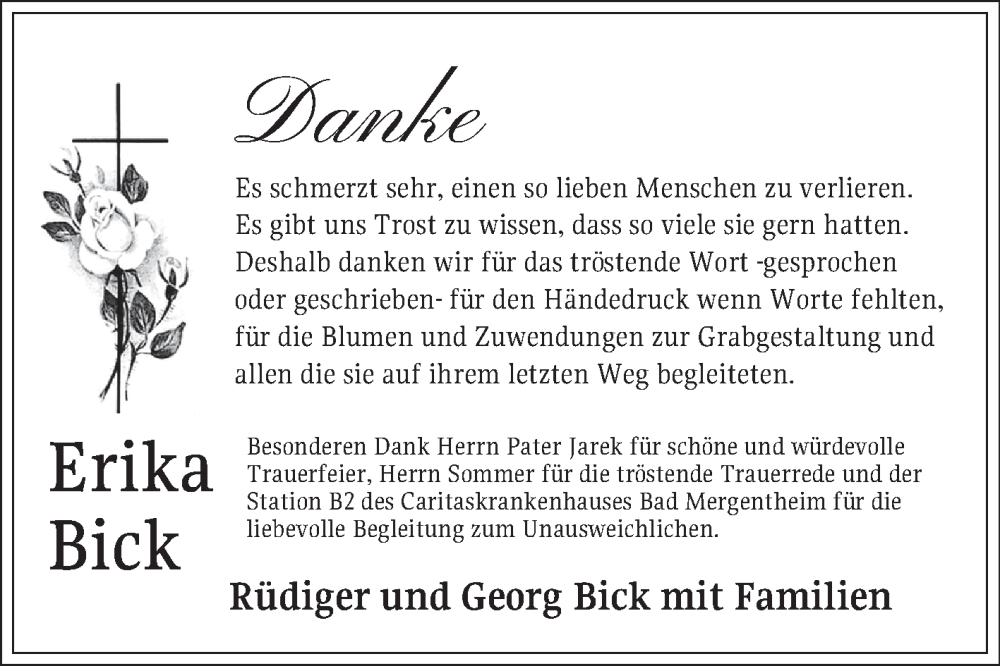  Traueranzeige für Erika Bick vom 22.03.2025 aus Fränkische Nachrichten