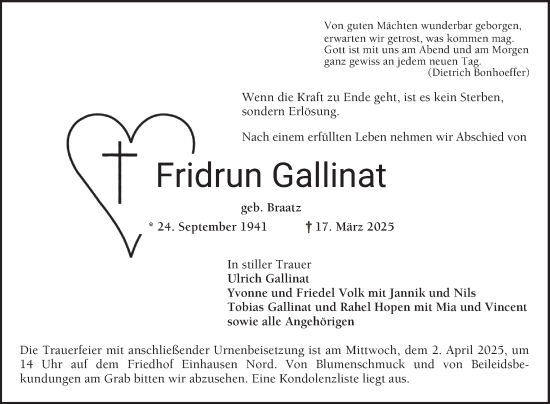 Traueranzeige von Fridrun Gallinat von Bergsträßer Anzeiger