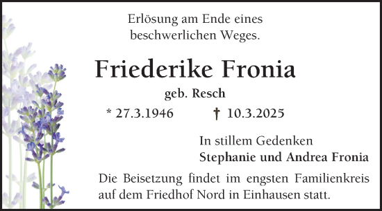Traueranzeige von Friederike Fronia von Bergsträßer Anzeiger