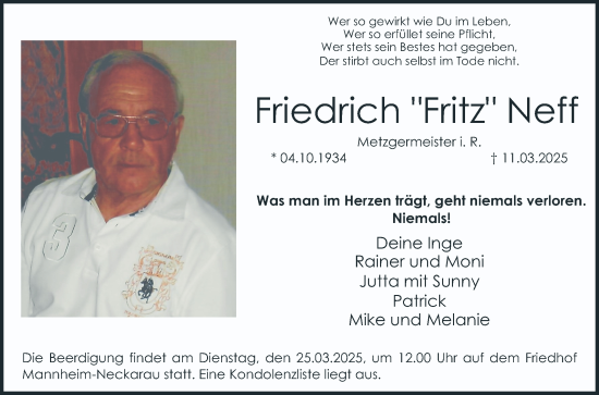 Traueranzeige von Friedrich Neff von Mannheimer Morgen