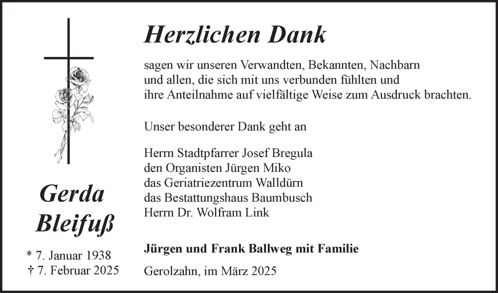  Traueranzeige für Gerda Bleifuß vom 08.03.2025 aus Fränkische Nachrichten