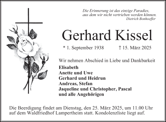 Traueranzeige von Gerhard Kissel von Mannheimer Morgen