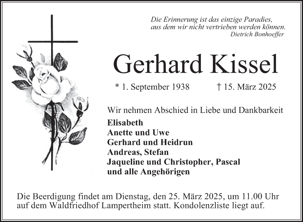  Traueranzeige für Gerhard Kissel vom 22.03.2025 aus Mannheimer Morgen